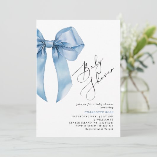 Invitation Calligraphie Blue Bow Photo Code QR Baby shower (Debout devant)