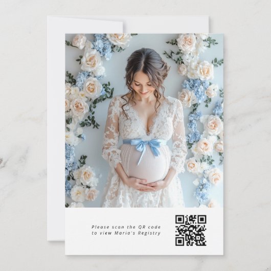 Invitation Calligraphie Blue Bow Photo Code QR Baby shower (Dos)