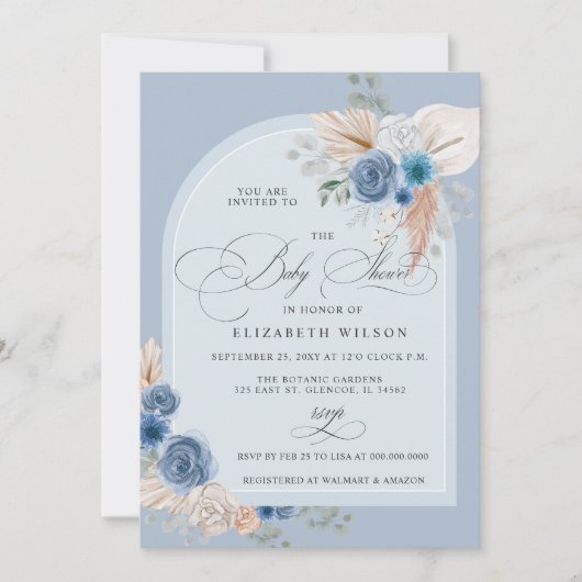 Invitation Calligraphie Boho Dusty Blue Pampas Baby shower (Devant)