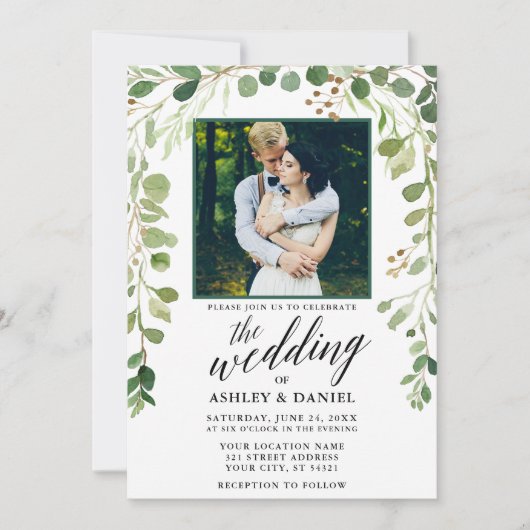 Invitation Calligraphie botanique Mariage photo vert (Devant)