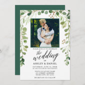 Invitation Calligraphie botanique Mariage photo vert (Devant / Derrière)
