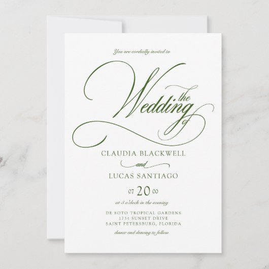 Invitation Calligraphie botanique Mariage vert (Devant)
