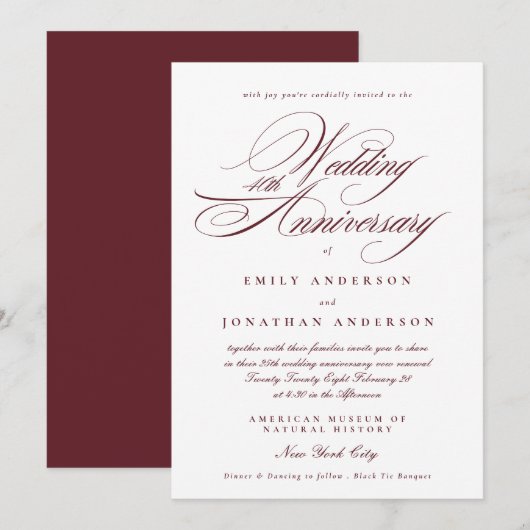 Invitation Calligraphie Bourgogne 40e Anniversaire de Mariage (Devant / Derrière)