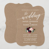 Invitation Calligraphie Bourgogne Bleu Floral Mariage Kraft (Devant / Derrière)