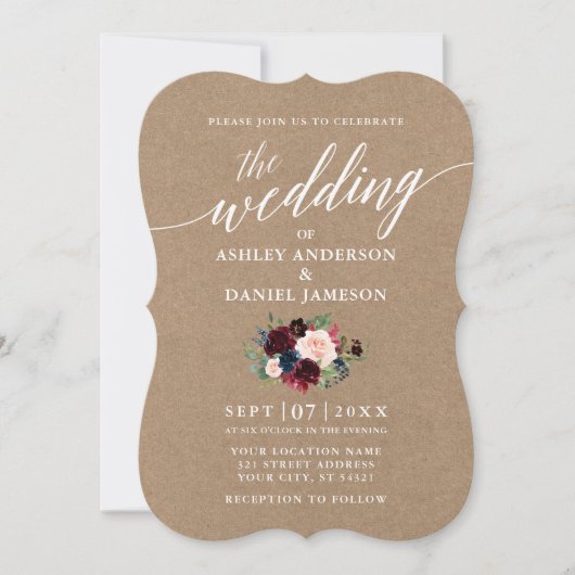 Invitation Calligraphie Bourgogne Bleu Floral Mariage Kraft (Devant)