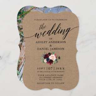 Invitation Calligraphie Bourgogne Bleu Floral Photo Kraft