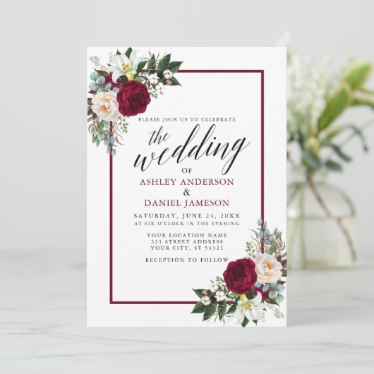 Invitation Calligraphie Bourgogne Cadre Vert Mariage Floral (Debout devant)