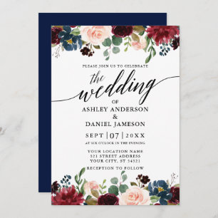 Invitation Calligraphie Bourgogne Floral Blue Mariage