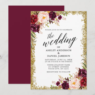Invitation Calligraphie Bourgogne Floral Parties scintillant