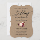 Invitation Calligraphie Bourgogne Floral Photo Kraft Mariage (Devant)