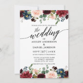 Invitation Calligraphie Burgundy Blue Floral Mariage (Devant)