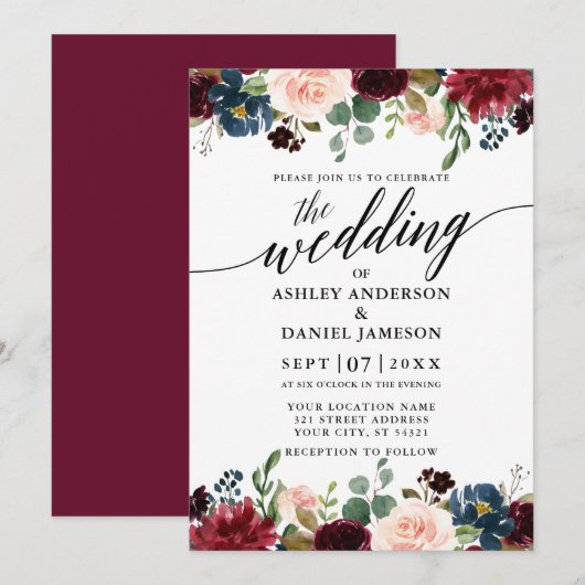 Invitation Calligraphie Burgundy Blue Floral Mariage (Devant / Derrière)