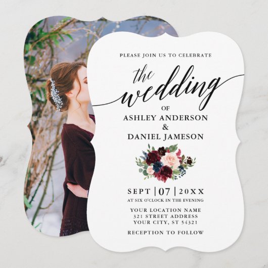 Invitation Calligraphie Burgundy Blue Floral Mariage photo (Devant / Derrière)