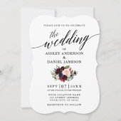 Invitation Calligraphie Burgundy Blue Floral Mariage photo (Devant)