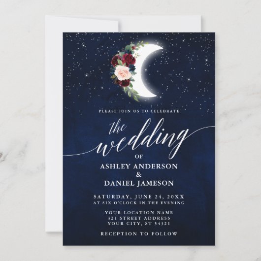 Invitation Calligraphie Céleste Mariage Floral Moon Stars (Devant)