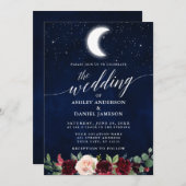 Invitation Calligraphie Céleste Mariage Lune Étoiles Floral (Devant / Derrière)