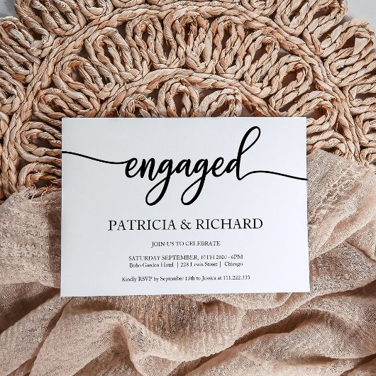 Invitation Calligraphie Chic Du Parti D'Engagement Noir Et Bl