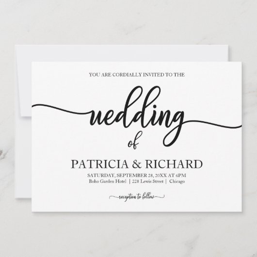Invitation Calligraphie Chic Mariage noir et blanc (Devant)