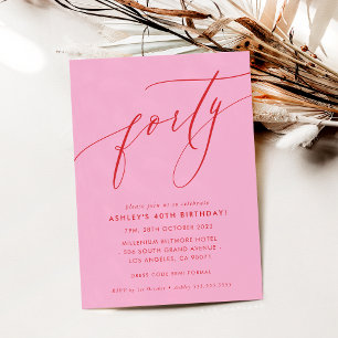 Invitation Calligraphie chic MINIMALISTE 40ème fête rose roug