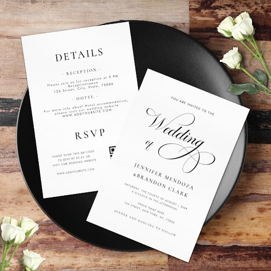 Invitation Calligraphie Chic noir & blanc tout en un Mariage