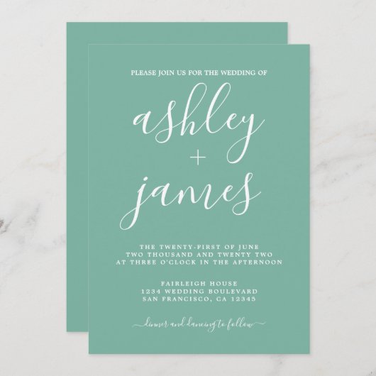 Invitation Calligraphie Chic simple Dusty Jade Mariage vert (Devant / Derrière)