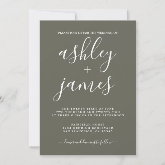 Invitation Calligraphie Chic simple Dusty Mariage d'olive (Devant)