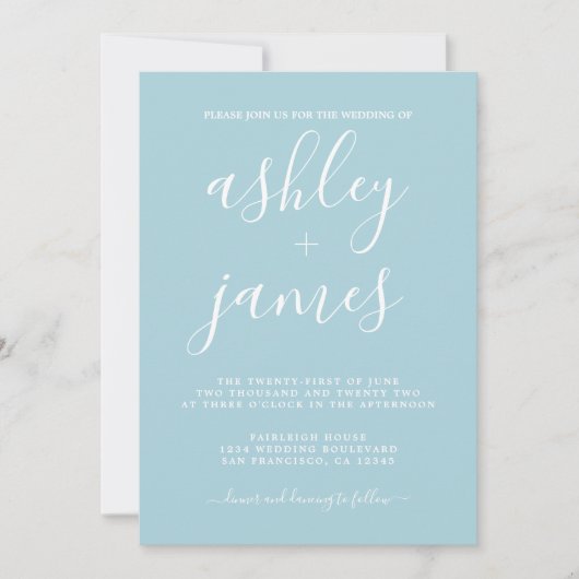 Invitation Calligraphie Chic simple Mariage bleu brillant (Devant)
