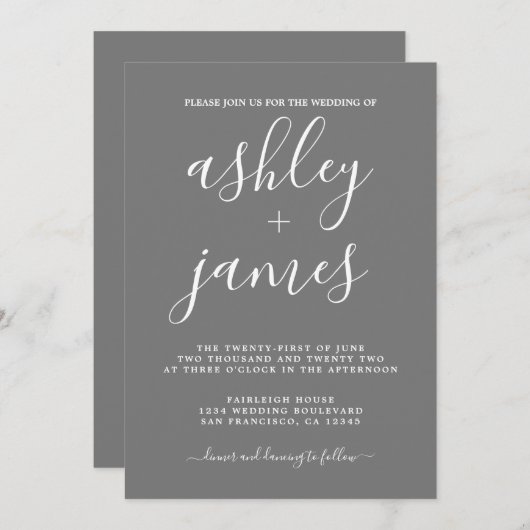 Invitation Calligraphie Chic simple Mariage gris foncé (Devant / Derrière)