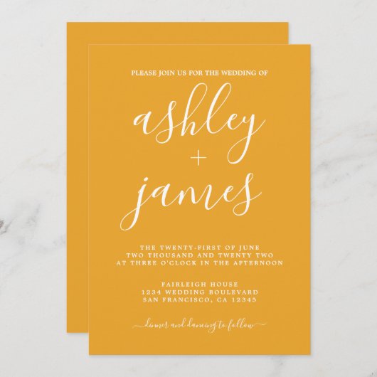 Invitation Calligraphie Chic Simple Mariage Jaune Mellow (Devant / Derrière)