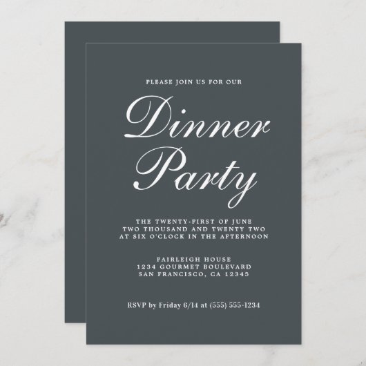 Invitation Calligraphie Chic Simple Off-Black Dinner Party (Devant / Derrière)