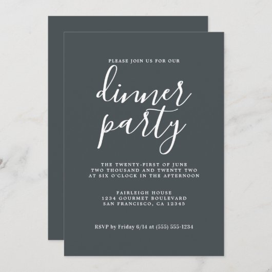 Invitation Calligraphie Chic Simple Off-Black Dinner Party (Devant / Derrière)