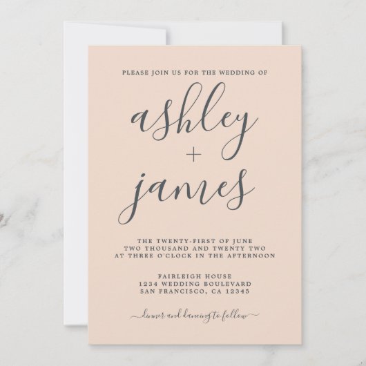 Invitation Calligraphie Chic Simple Peach Pust Pink Mariage (Devant)