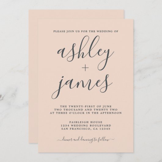 Invitation Calligraphie Chic Simple Peach Pust Pink Mariage (Devant / Derrière)
