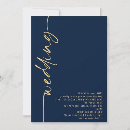 Invitation Calligraphie classique Code QR Marine Mariage or (Devant)