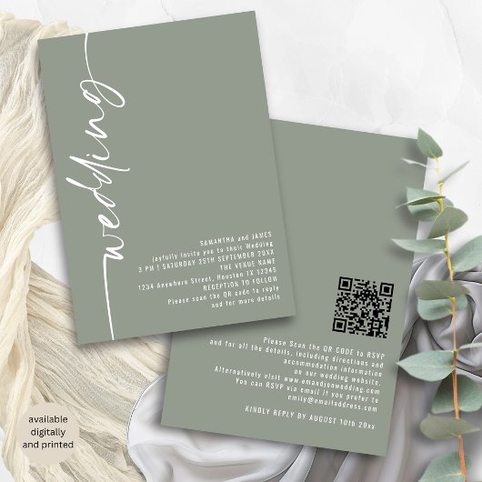Invitation Calligraphie classique QR Code Sage Mariage vert