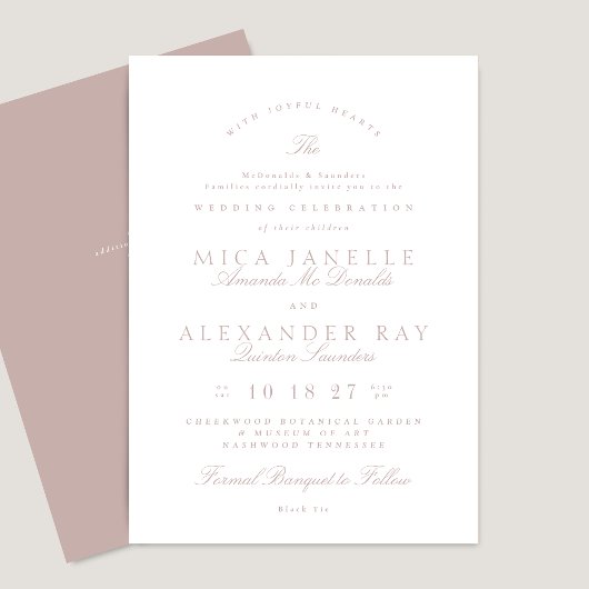 Invitation Calligraphie classique rose Taupe Mariage officiel