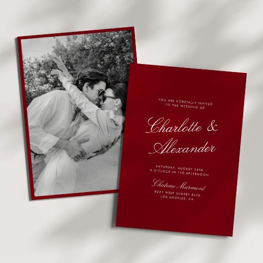 Invitation Calligraphie Classique Rouge Profond Mariage Argen