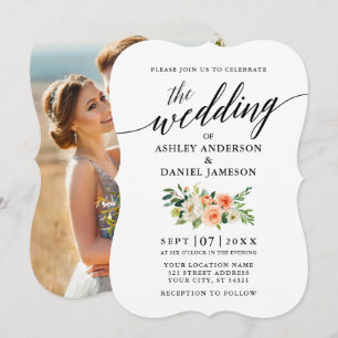 Invitation Calligraphie Corail Floral Photo Mariage