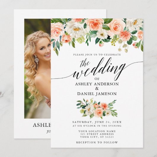 Invitation Calligraphie Coral Floral Mariage photo (Devant / Derrière)