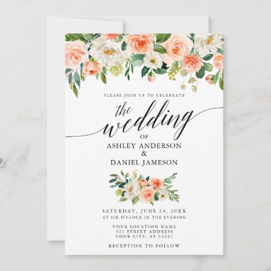 Invitation Calligraphie Coral Floral Mariage W (Devant)