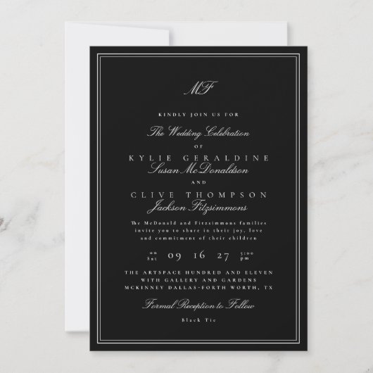 Invitation Calligraphie & Cravate noire encadrée classique Ma (Devant)