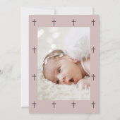 Invitation Calligraphie Croix violette Taupe Photo Baptême (Dos)