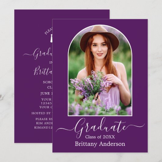 Invitation Calligraphie d'arc moderne Purple Graduation Party (Devant / Derrière)