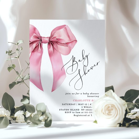 Invitation Calligraphie de Bow rose Baby shower Coquette