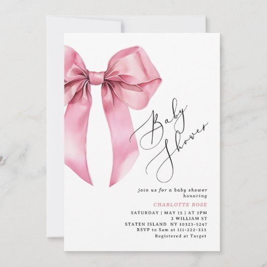 Invitation Calligraphie de Bow rose Photo Code QR Baby shower (Devant)