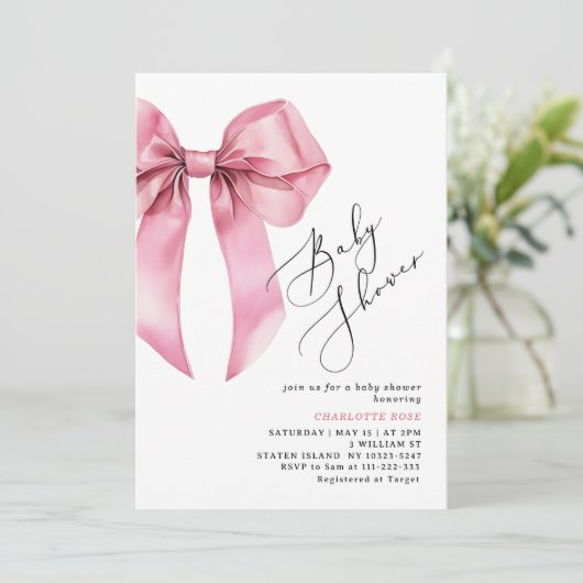 Invitation Calligraphie de Bow rose Photo Code QR Baby shower (Debout devant)