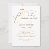 Invitation Calligraphie de croix d'or minimale Première commu (Devant)