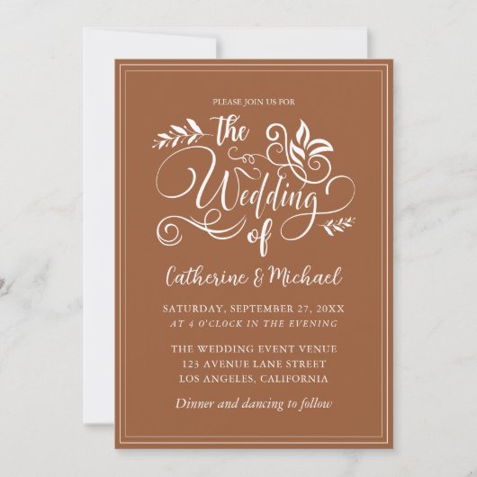Invitation Calligraphie de Mariage décoratif orange brûlé (Devant)