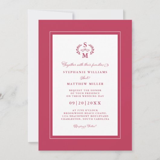 Invitation Calligraphie de mariage élégante à initiales rouge (Devant)