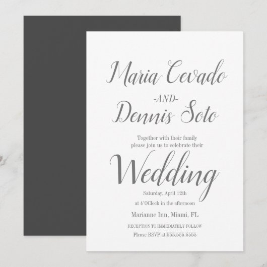 Invitation Calligraphie de mariage simple lettrage gris (Devant / Derrière)